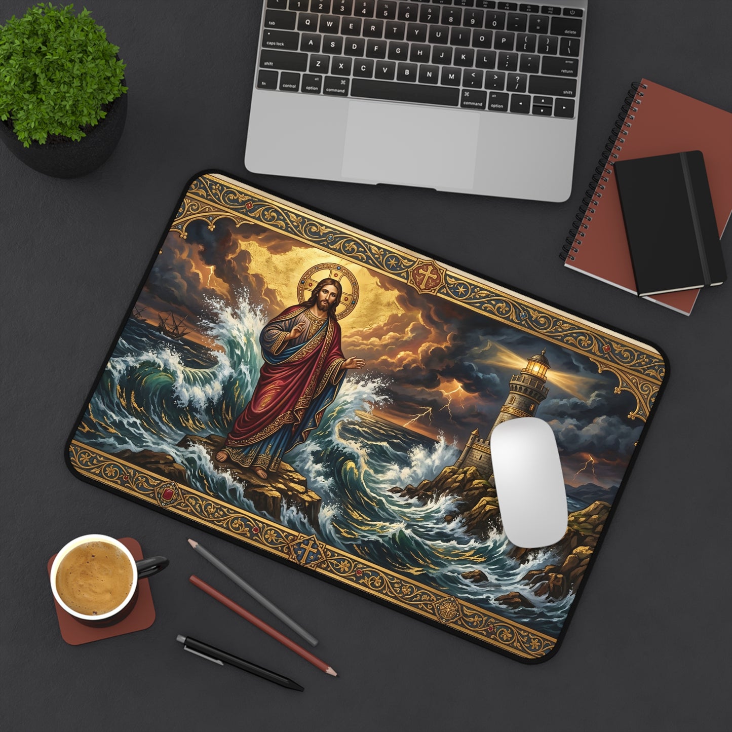 “Steadfast Hope - Lighthouse in the Storm” - Desk Mat