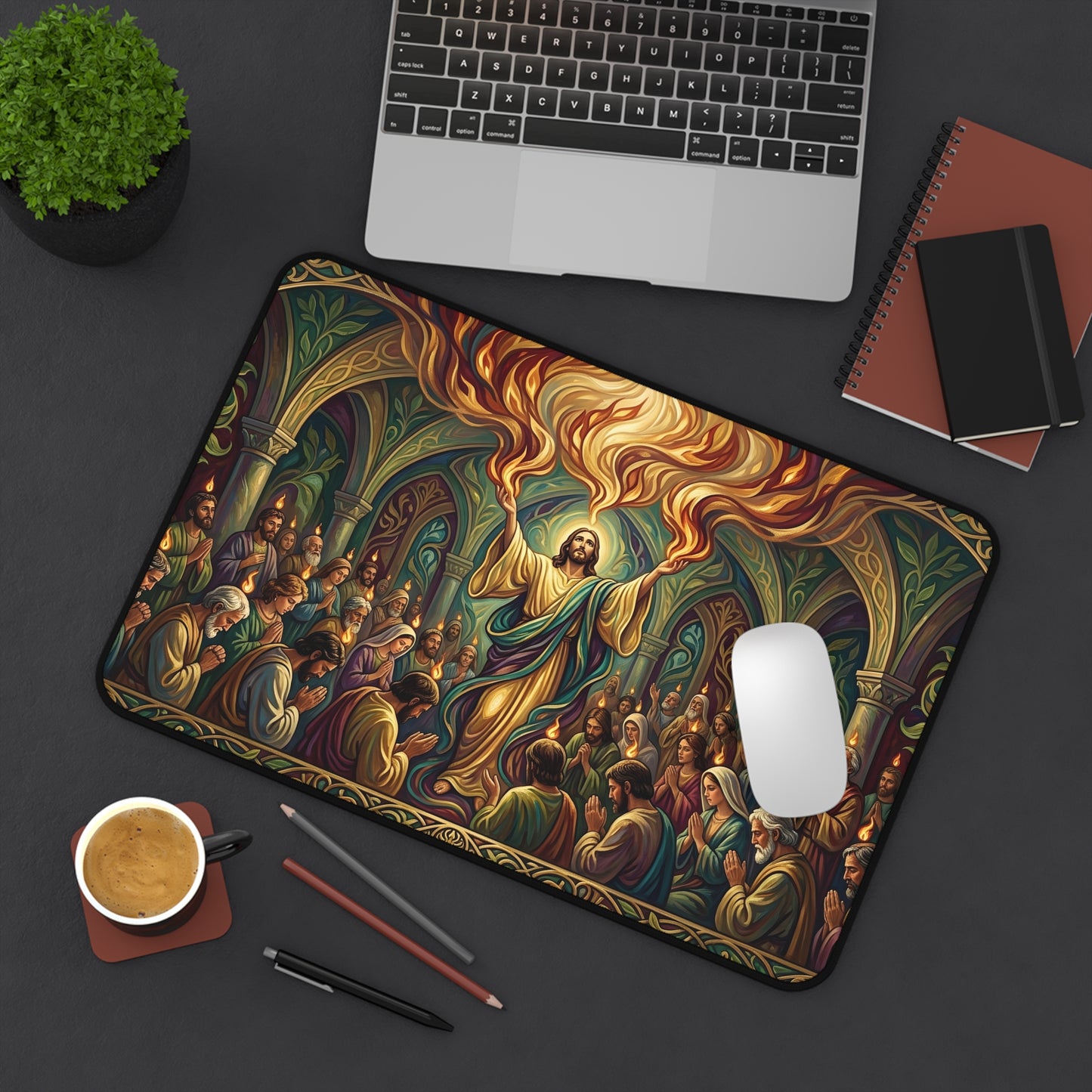 “Spirit Poured Out - Pentecost Flames Descending” - Desk Mat