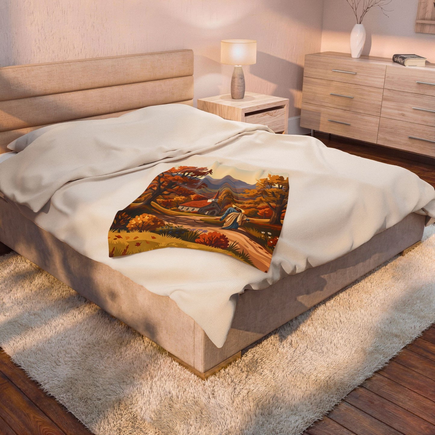 “Golden Harvest - Autumn Church in Tranquility” - Plush Blanket