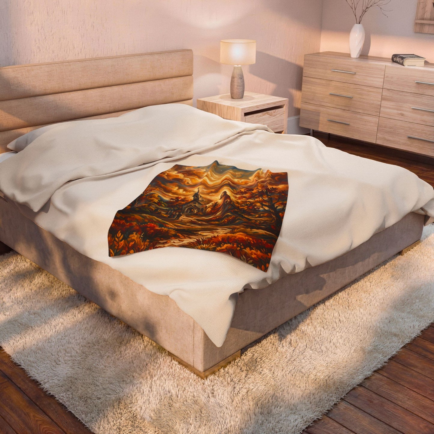 “Abide With Me - Autumn Church at Sunset” - Plush Blanket