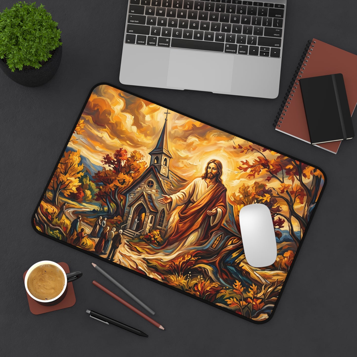 “Abide With Me - Autumn Church at Sunset” - Desk Mat