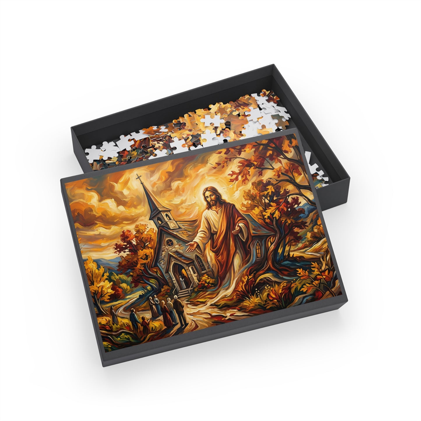 “Abide With Me - Autumn Church at Sunset” - Jigsaw Puzzle