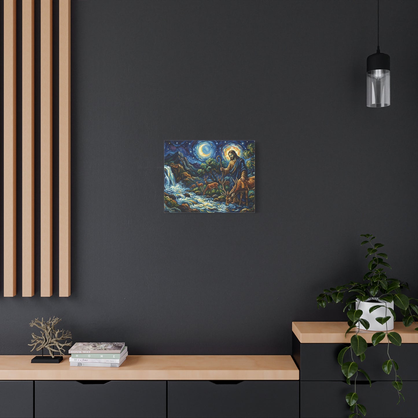 “Streams of Living Water - Deer at a Moonlit Waterfall” - Canvas Art