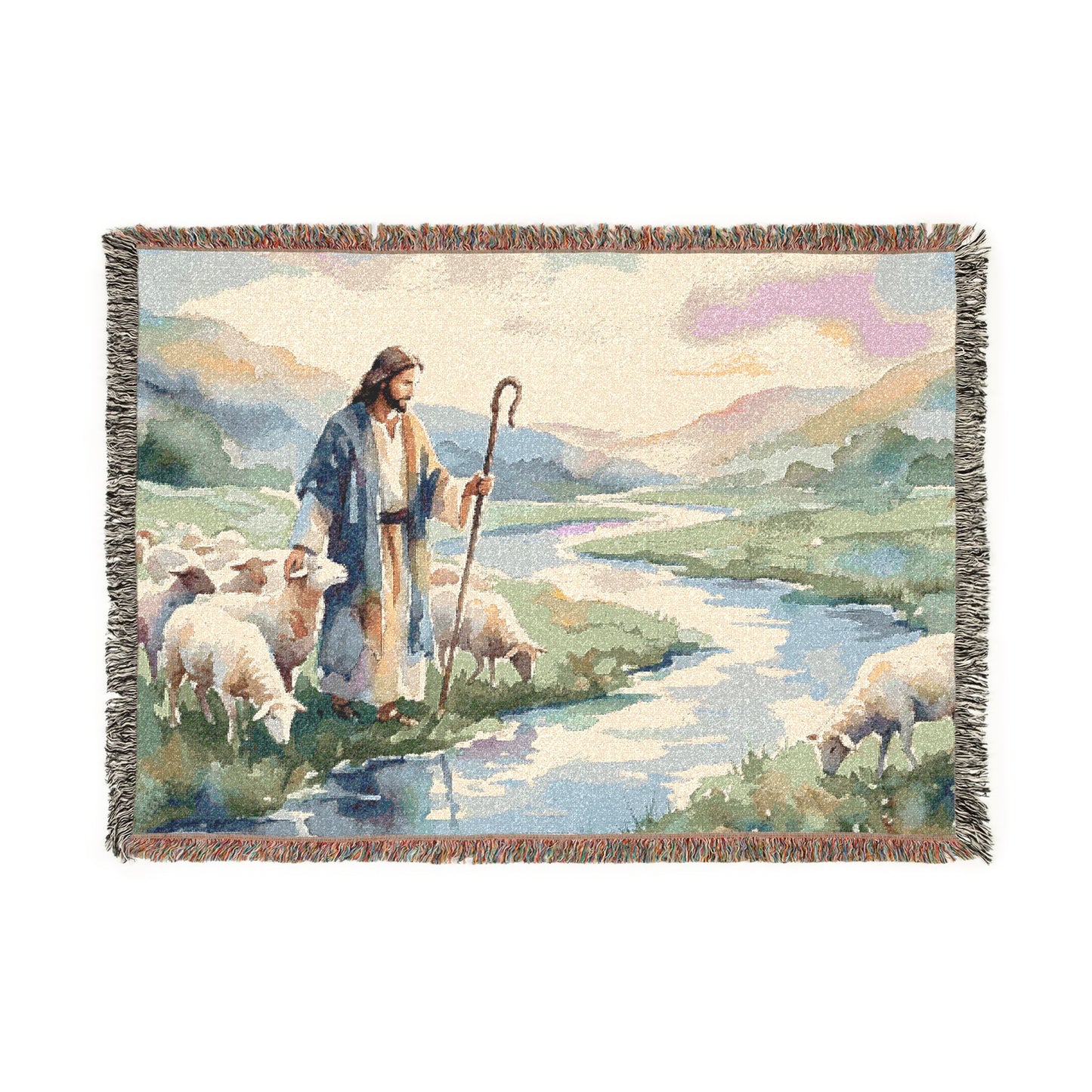 “Still Waters - Shepherd Leads His Flock” - Woven Blanket