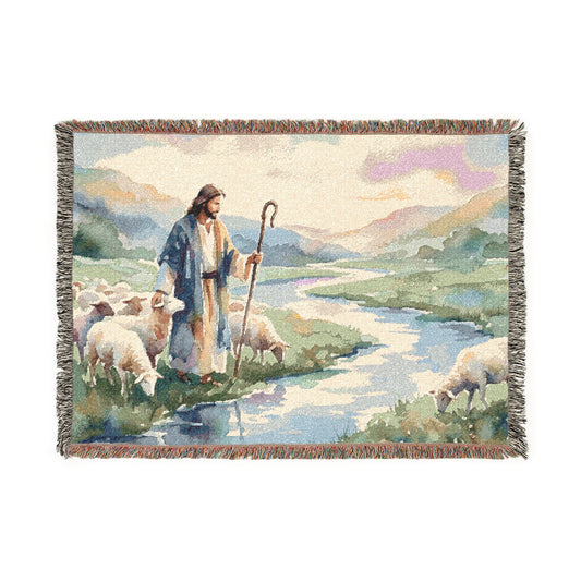 “Still Waters - Shepherd Leads His Flock” - Woven Blanket