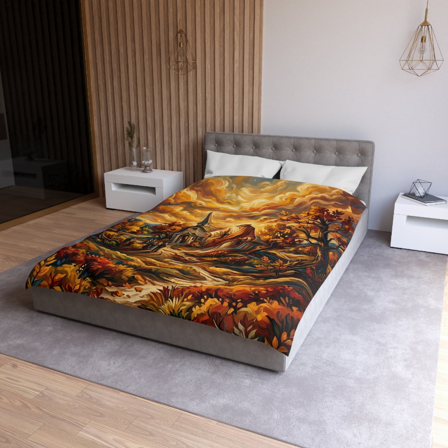 “Abide With Me - Autumn Church at Sunset” - Duvet Cover