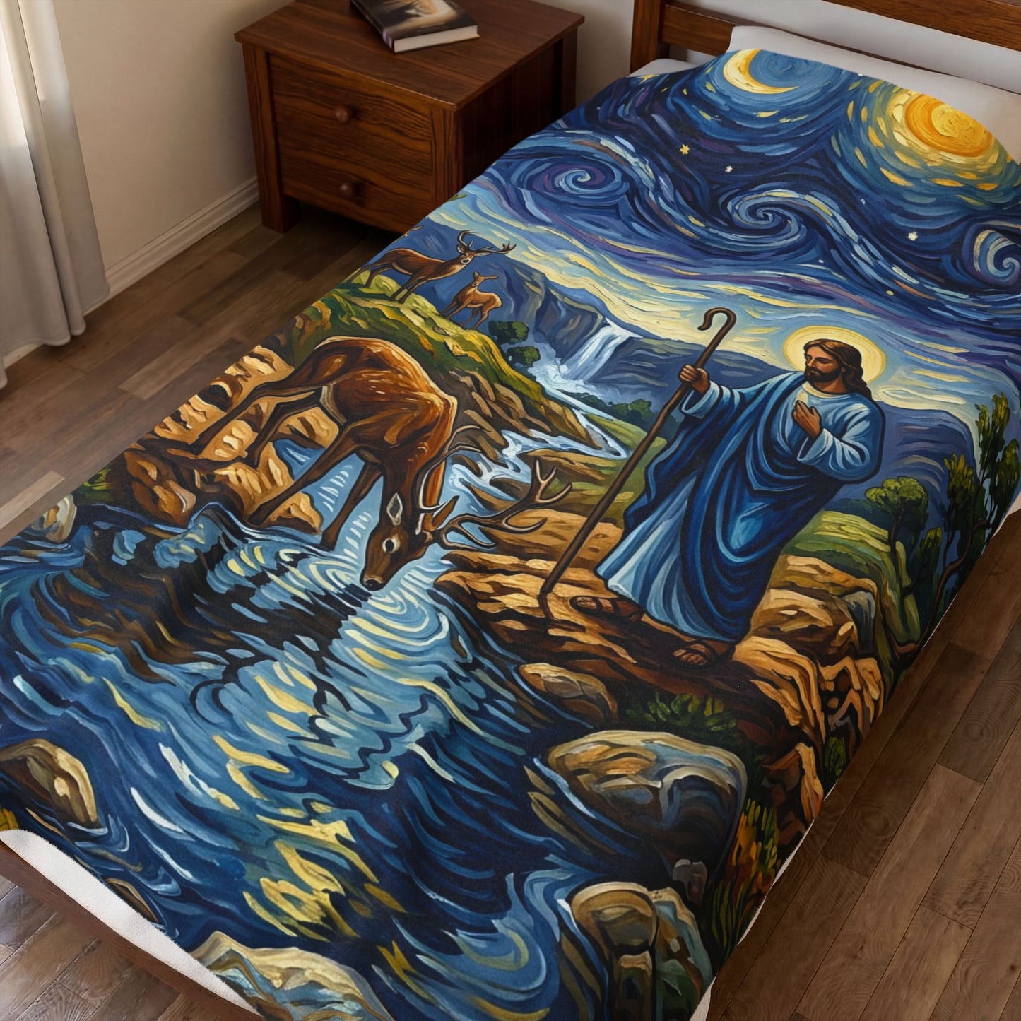 “Streams of Living Water - Deer at a Moonlit Waterfall” - Plush Blanket