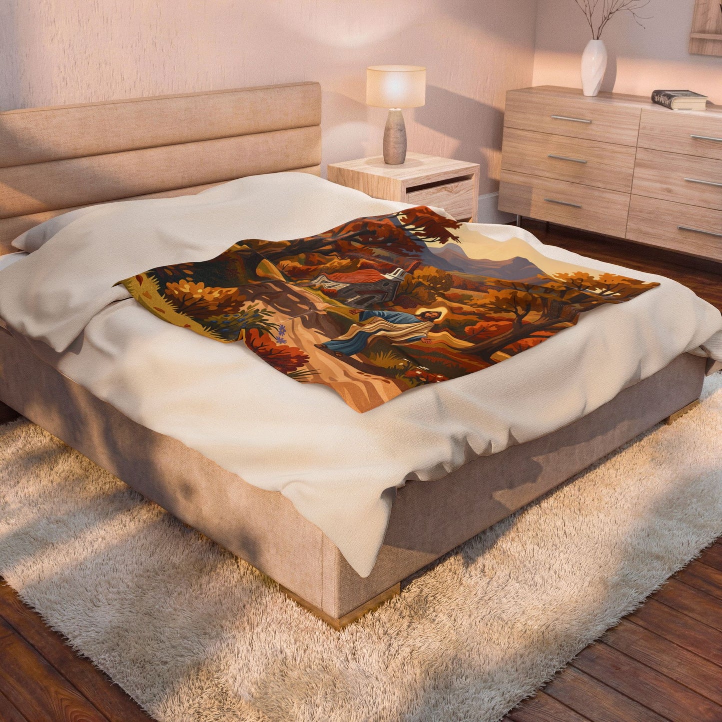 “Golden Harvest - Autumn Church in Tranquility” - Plush Blanket