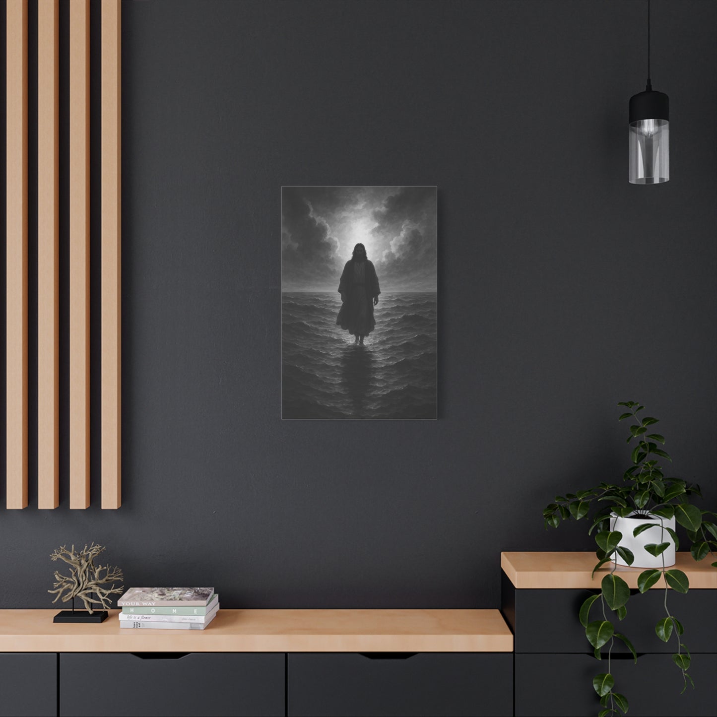 “The Light in the Storm – Jesus Walking on Water (Black & White Edition)” - Canvas Art