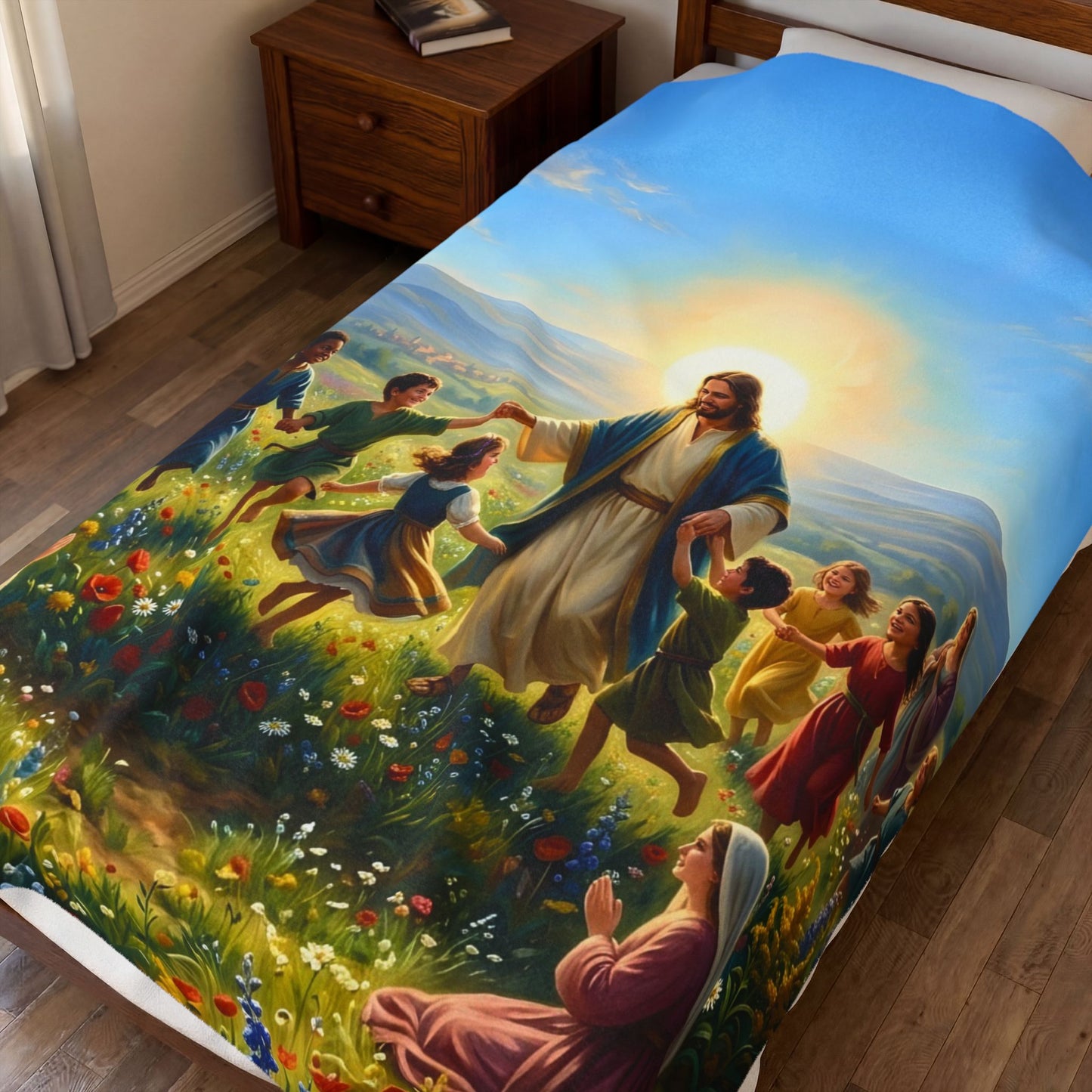 “Joy Overflowing - Children Dancing in the Meadow” - Plush Blanket
