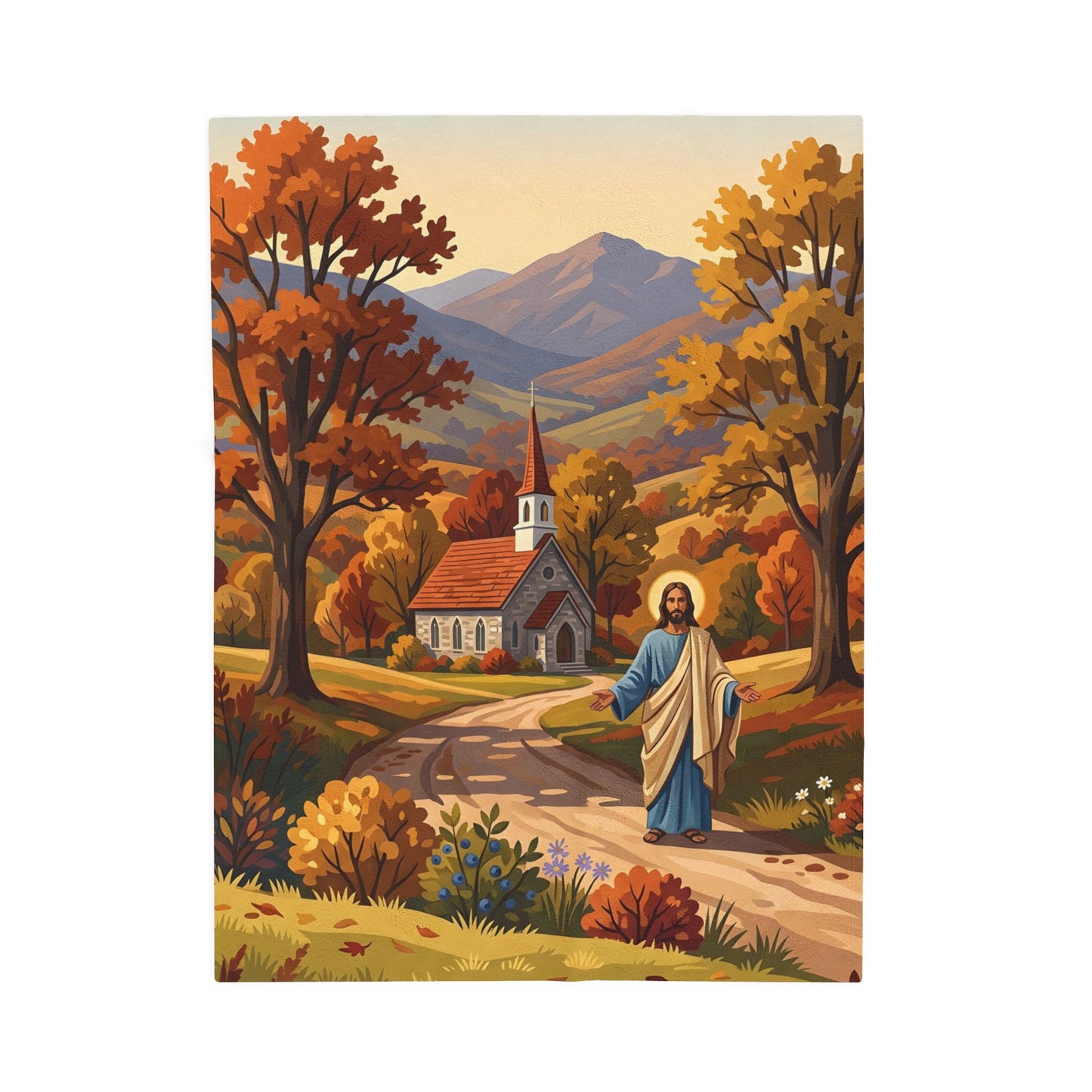 “Golden Harvest - Autumn Church in Tranquility” - Plush Blanket