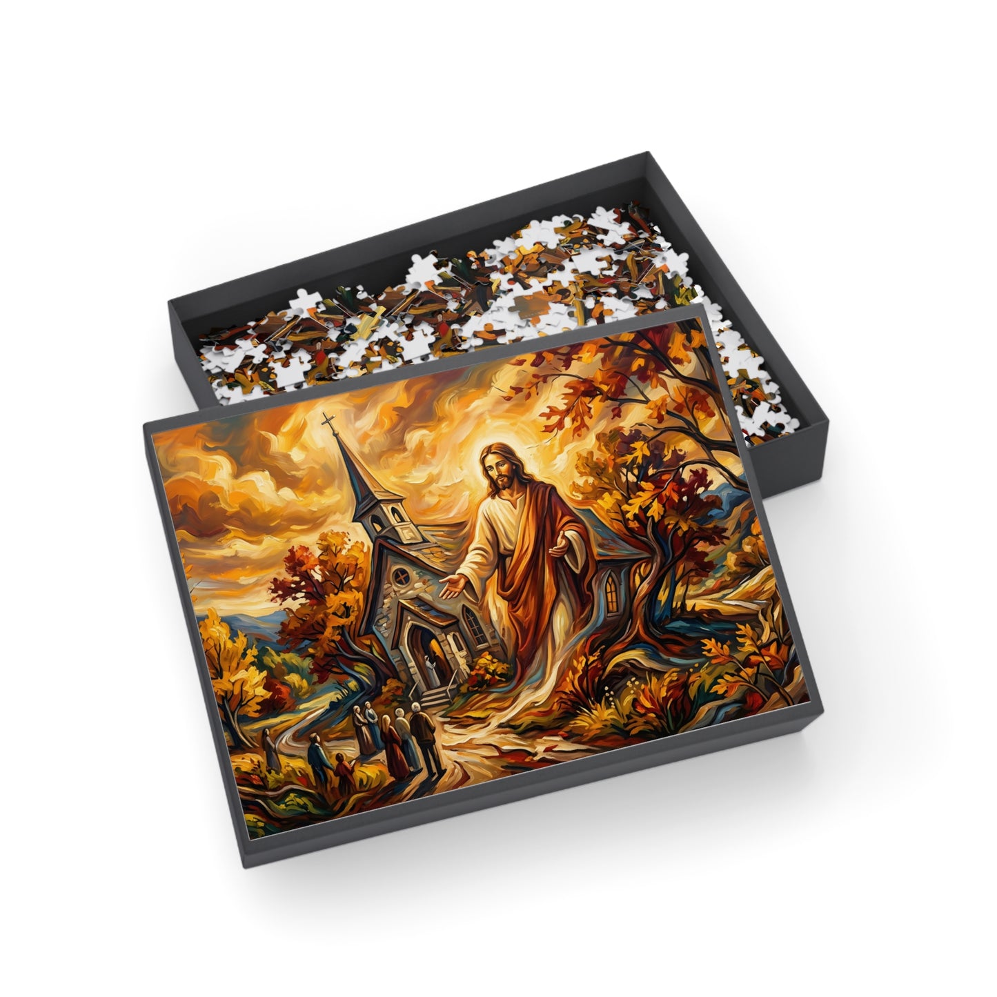 “Abide With Me - Autumn Church at Sunset” - Jigsaw Puzzle