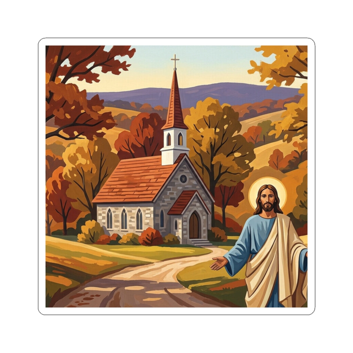 “Golden Harvest - Autumn Church in Tranquility” - Sticker