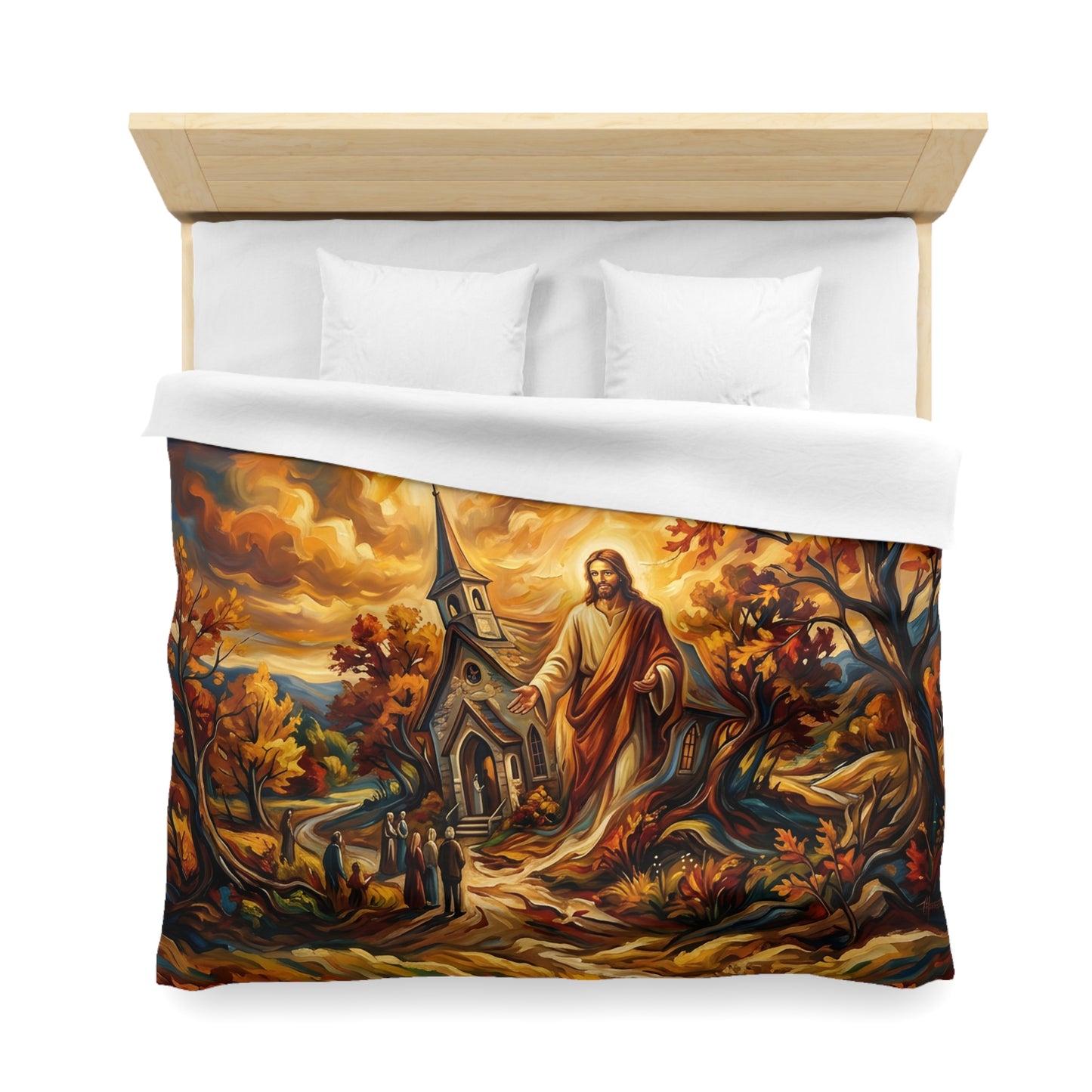 “Abide With Me - Autumn Church at Sunset” - Duvet Cover