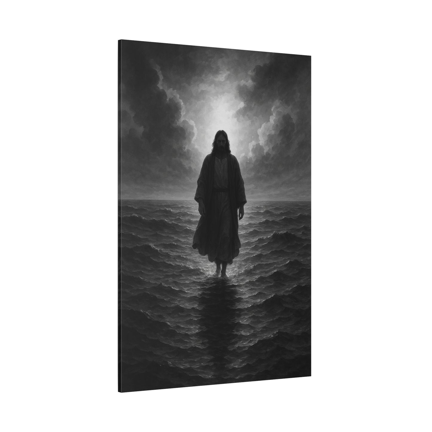 “The Light in the Storm – Jesus Walking on Water (Black & White Edition)” - Canvas Art
