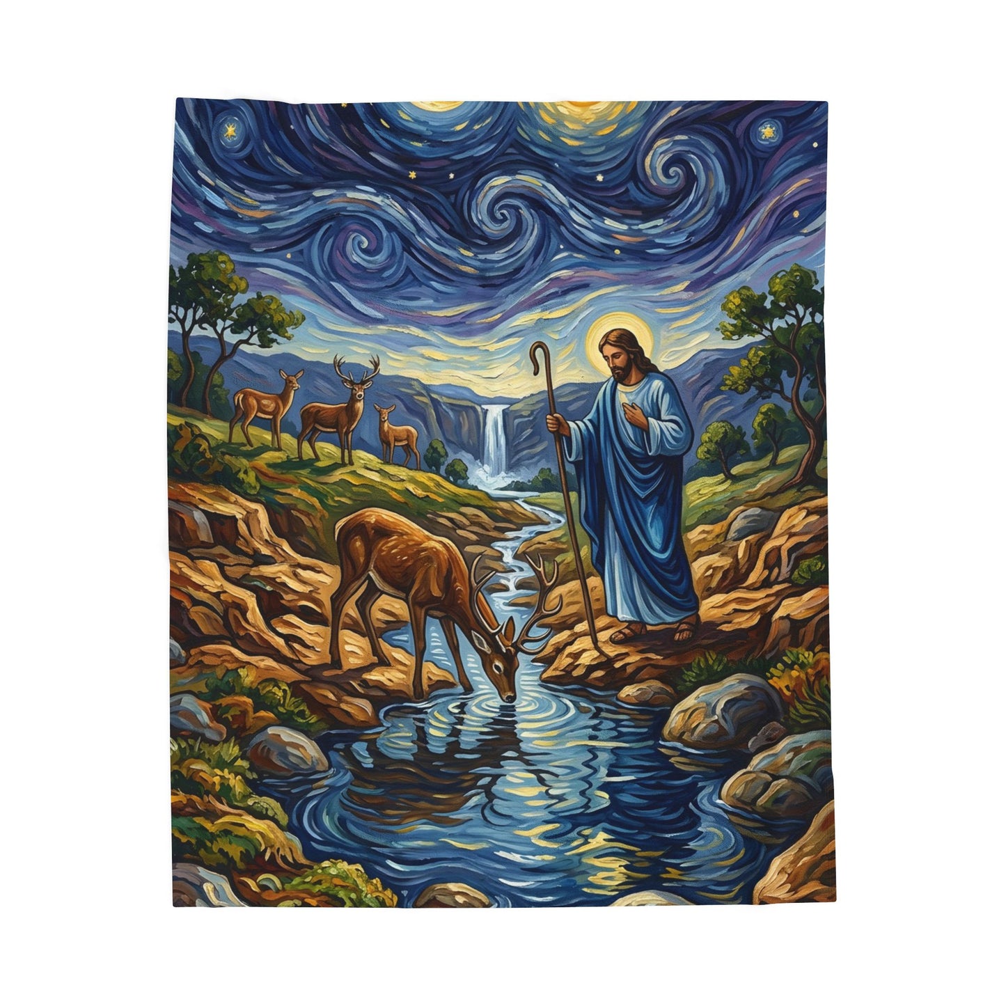 “Streams of Living Water - Deer at a Moonlit Waterfall” - Plush Blanket
