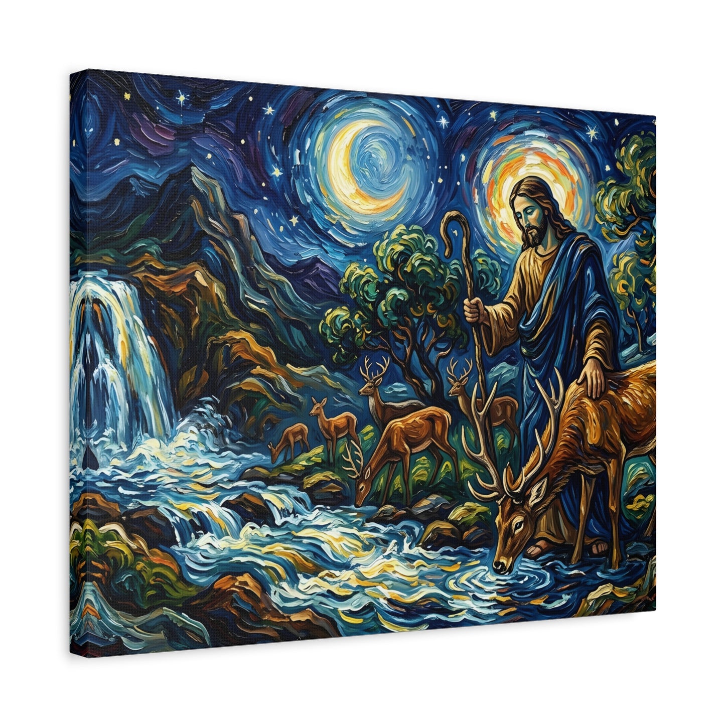 “Streams of Living Water - Deer at a Moonlit Waterfall” - Canvas Art