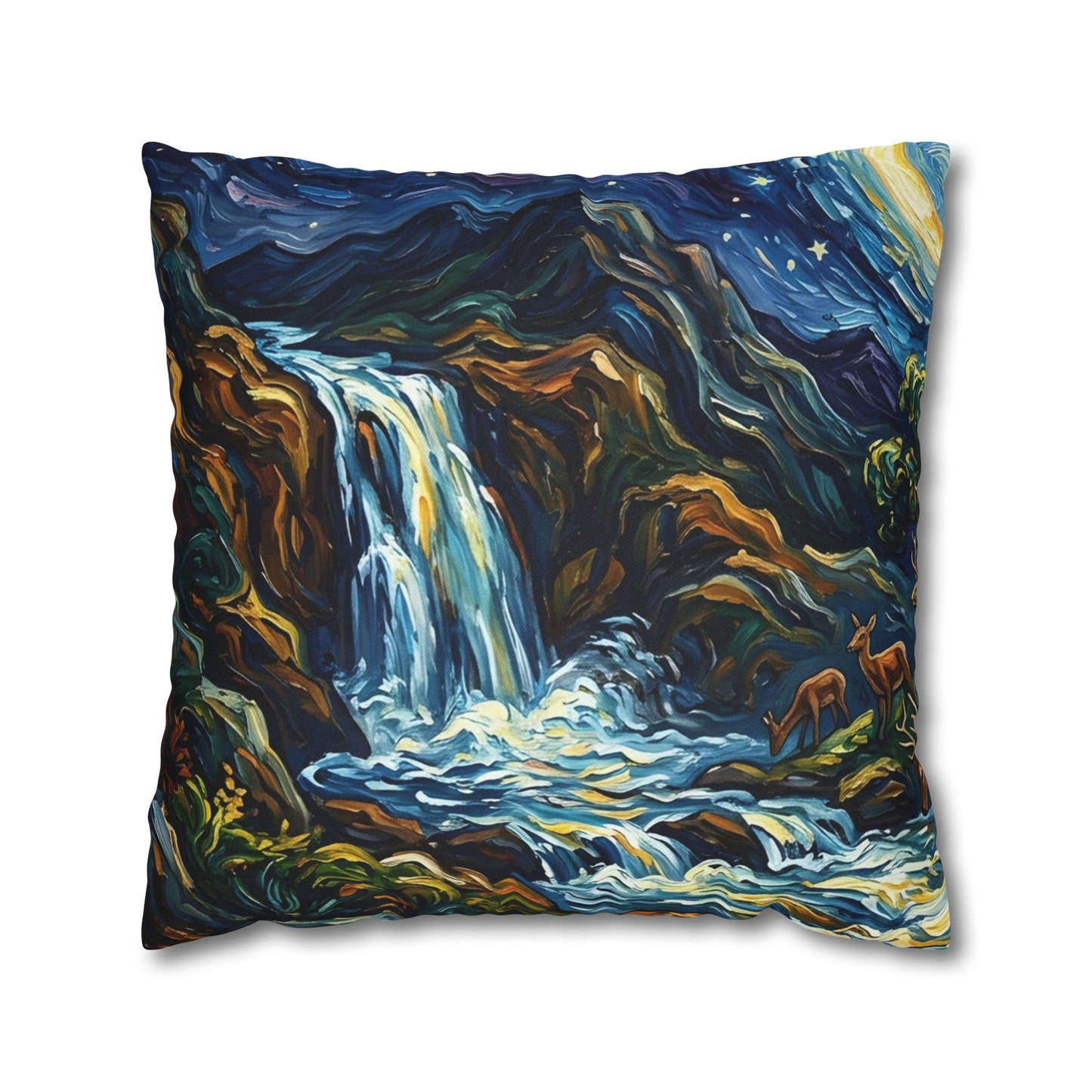 “Streams of Living Water - Deer at a Moonlit Waterfall” - Pillowcase