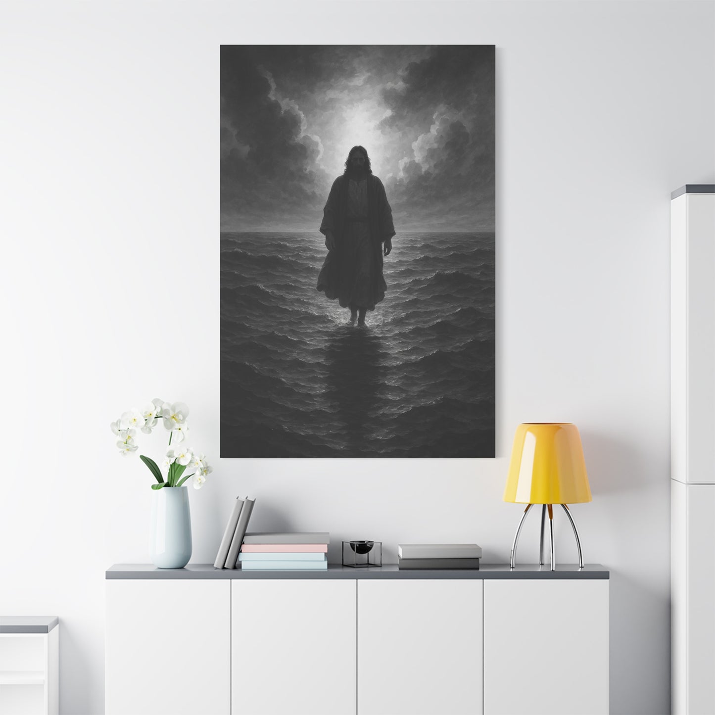 “The Light in the Storm – Jesus Walking on Water (Black & White Edition)” - Canvas Art