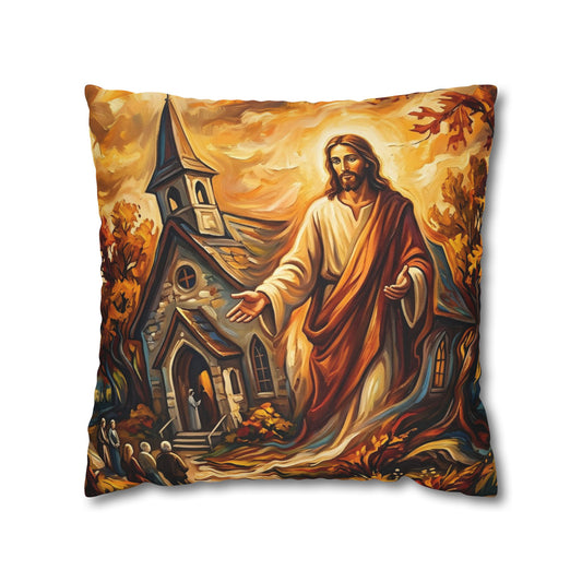 “Abide With Me - Autumn Church at Sunset” - Pillowcase