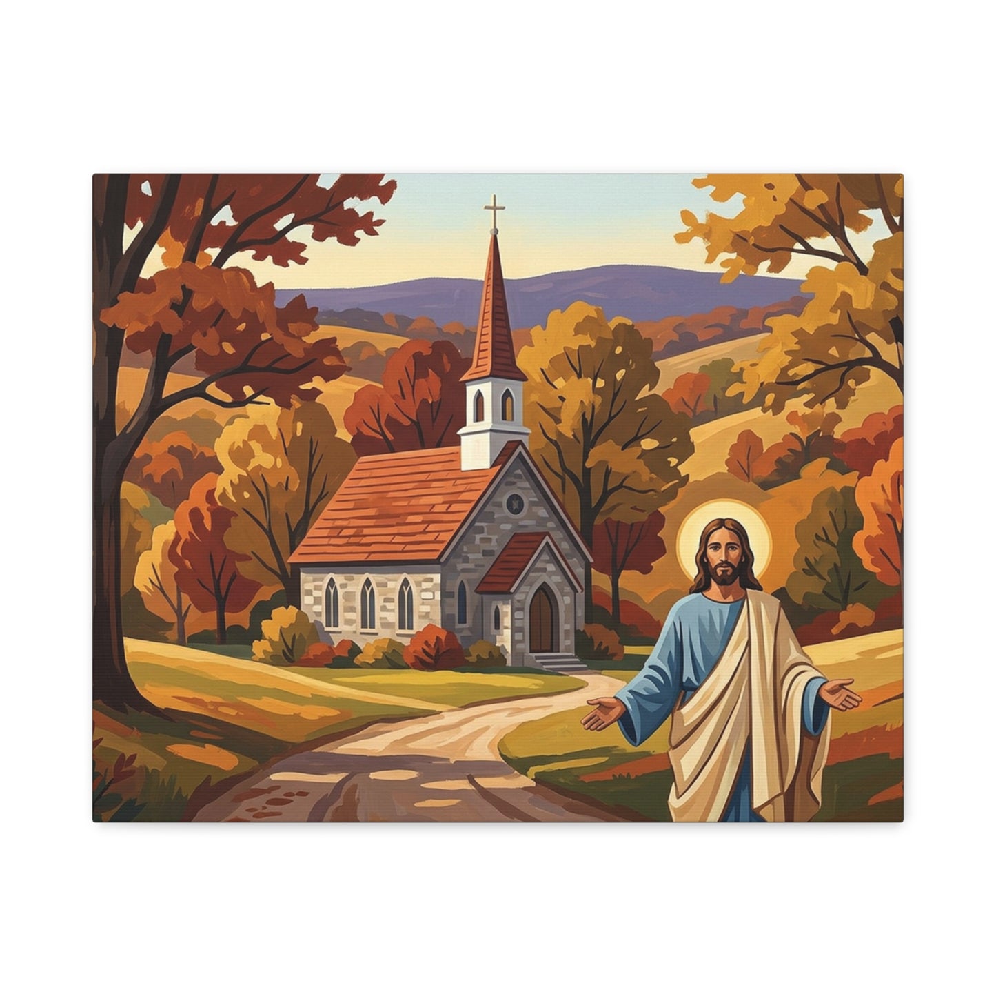 “Golden Harvest - Autumn Church in Tranquility” - Canvas Art