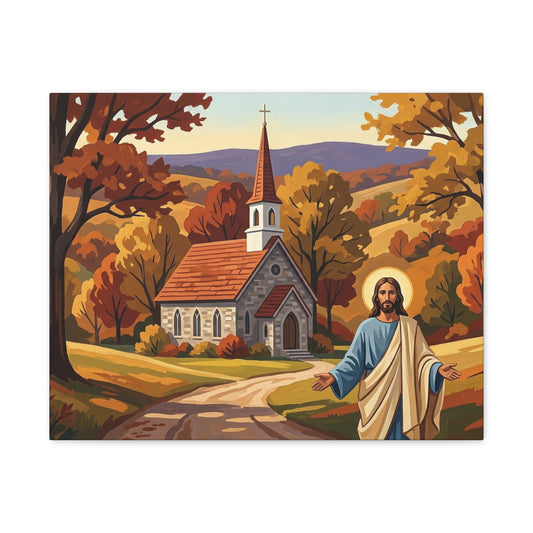 “Golden Harvest - Autumn Church in Tranquility” - Canvas Art