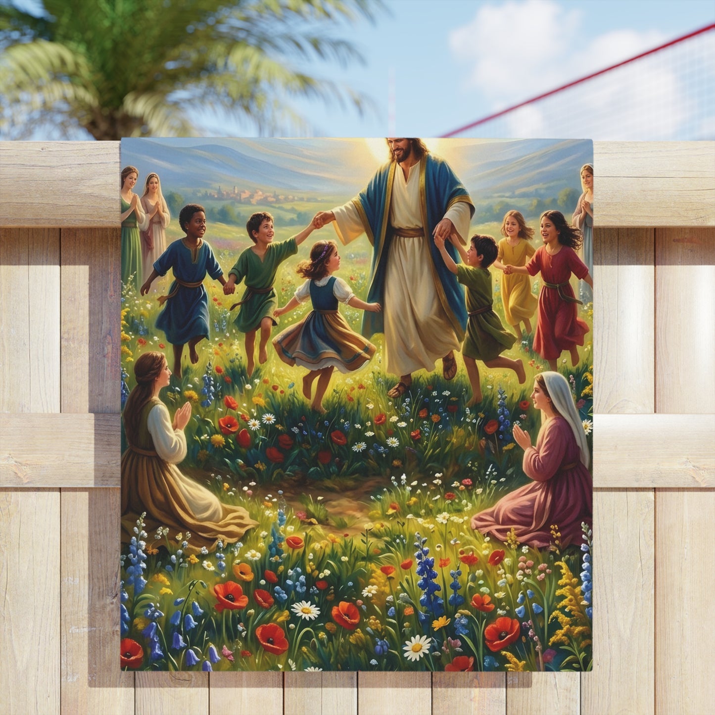 “Joy Overflowing - Children Dancing in the Meadow” - Beach Towel