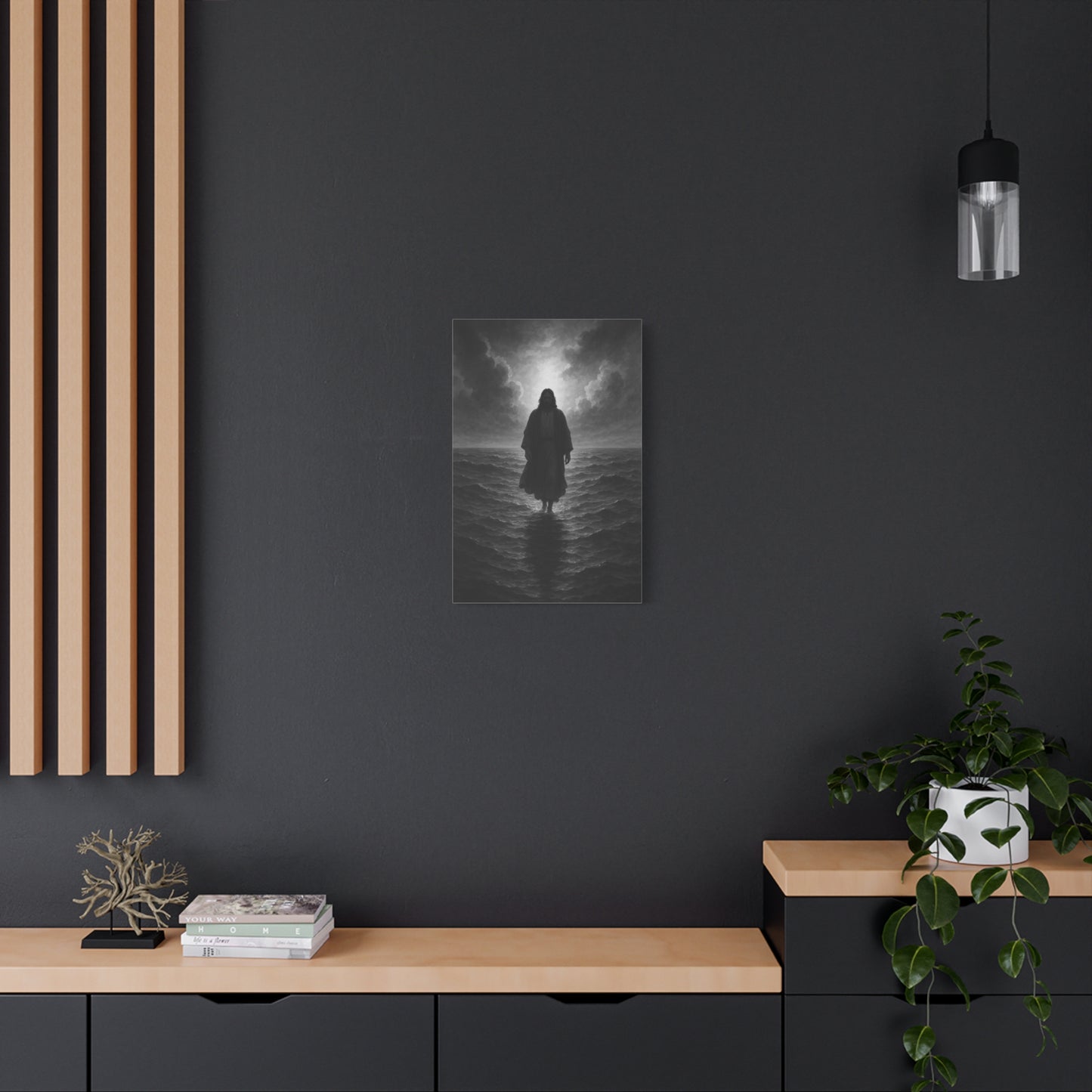 “The Light in the Storm – Jesus Walking on Water (Black & White Edition)” - Canvas Art