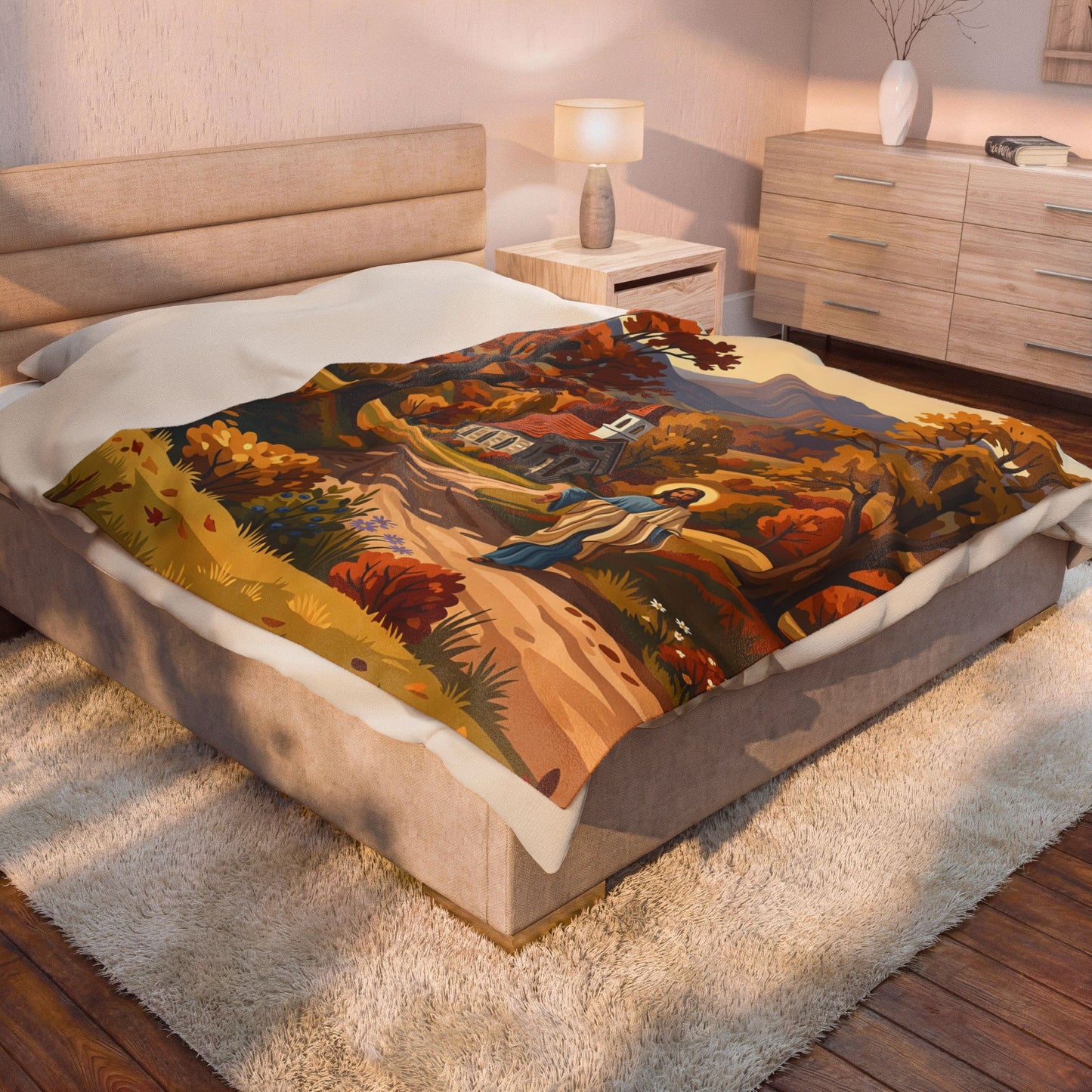 “Golden Harvest - Autumn Church in Tranquility” - Plush Blanket