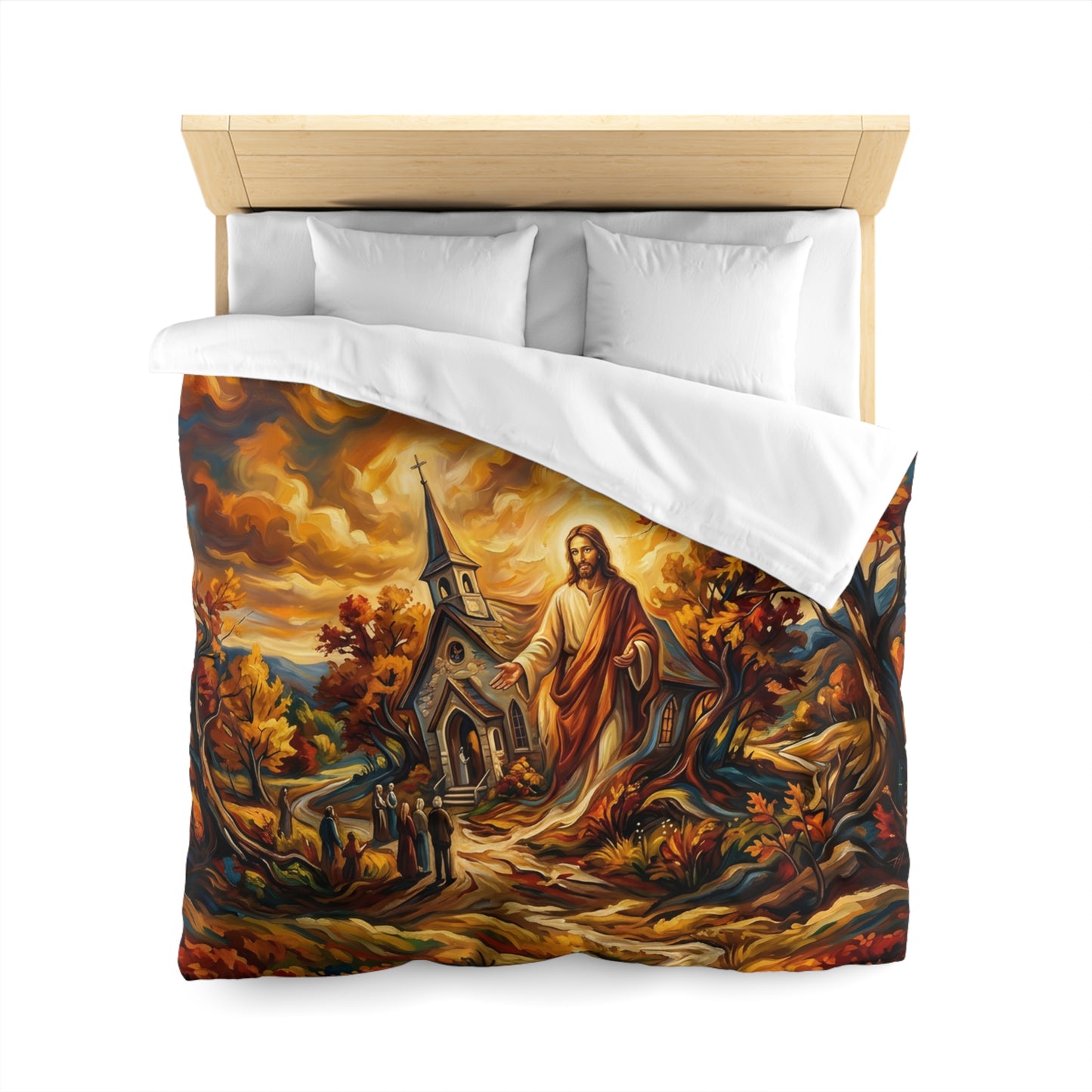 “Abide With Me - Autumn Church at Sunset” - Duvet Cover
