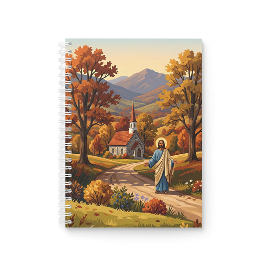 “Golden Harvest - Autumn Church in Tranquility” - Spiral Notebook