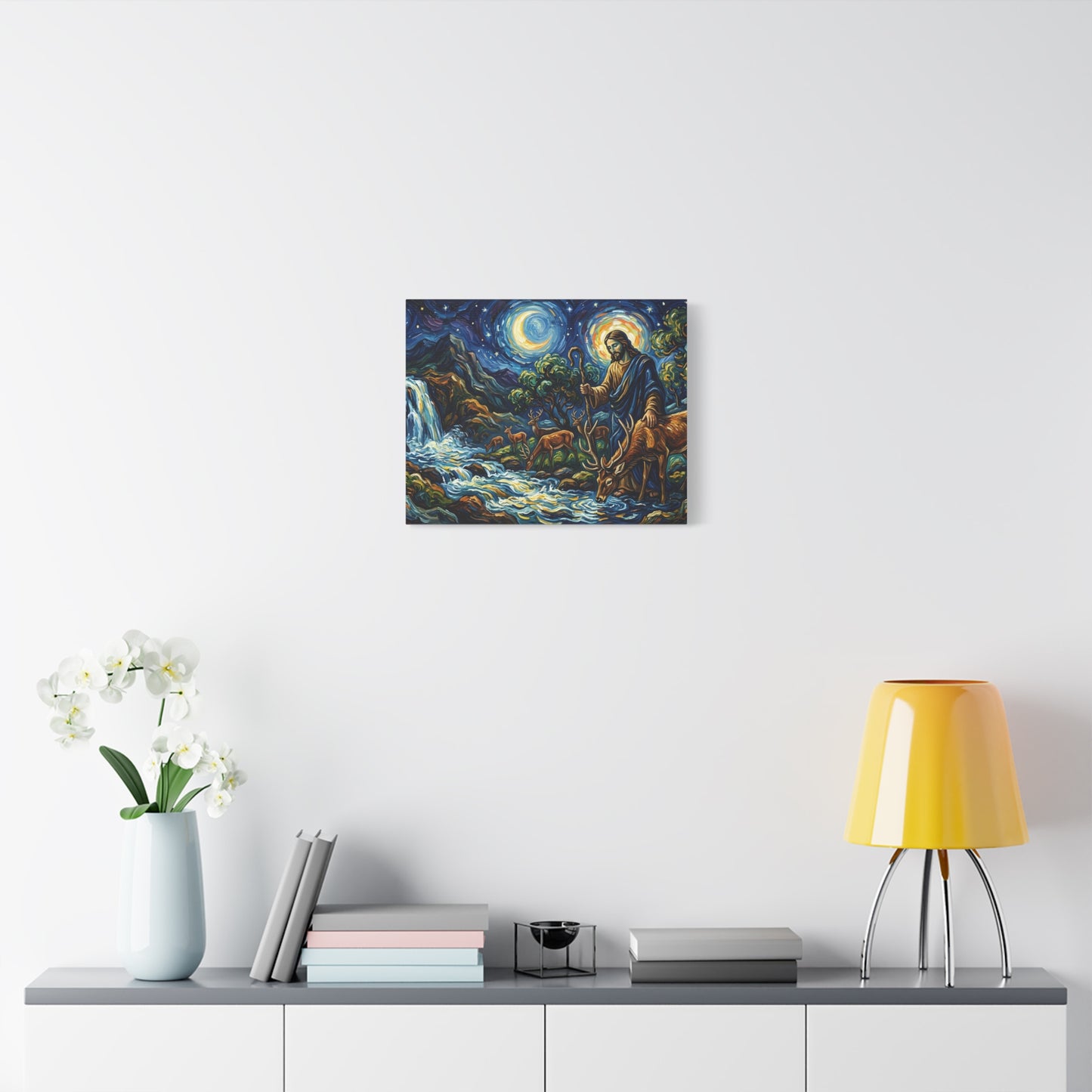 “Streams of Living Water - Deer at a Moonlit Waterfall” - Canvas Art