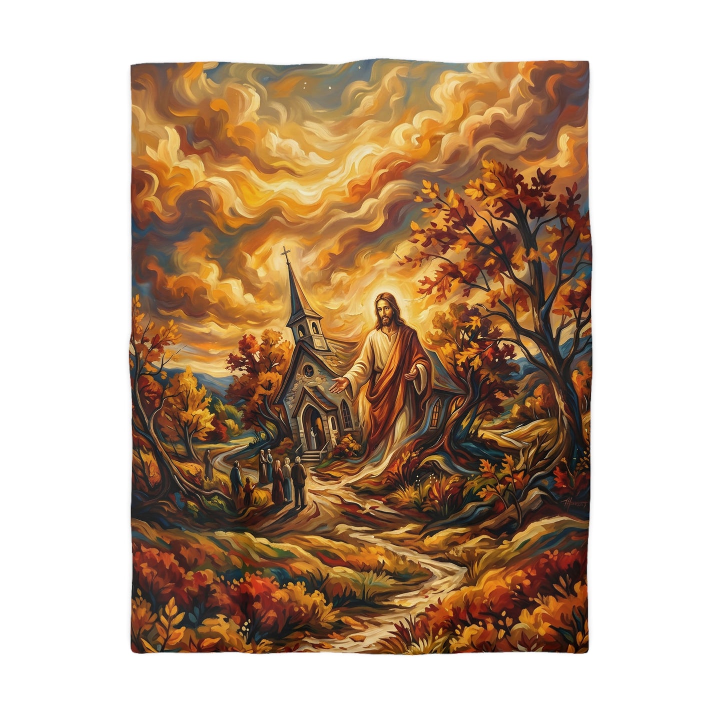 “Abide With Me - Autumn Church at Sunset” - Duvet Cover