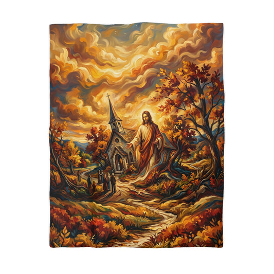 “Abide With Me - Autumn Church at Sunset” - Duvet Cover