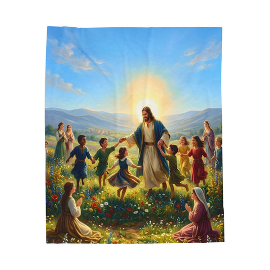 “Joy Overflowing - Children Dancing in the Meadow” - Plush Blanket