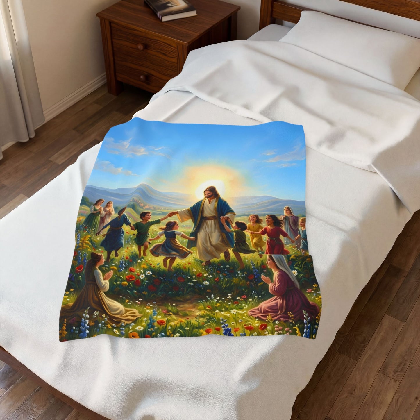 “Joy Overflowing - Children Dancing in the Meadow” - Plush Blanket