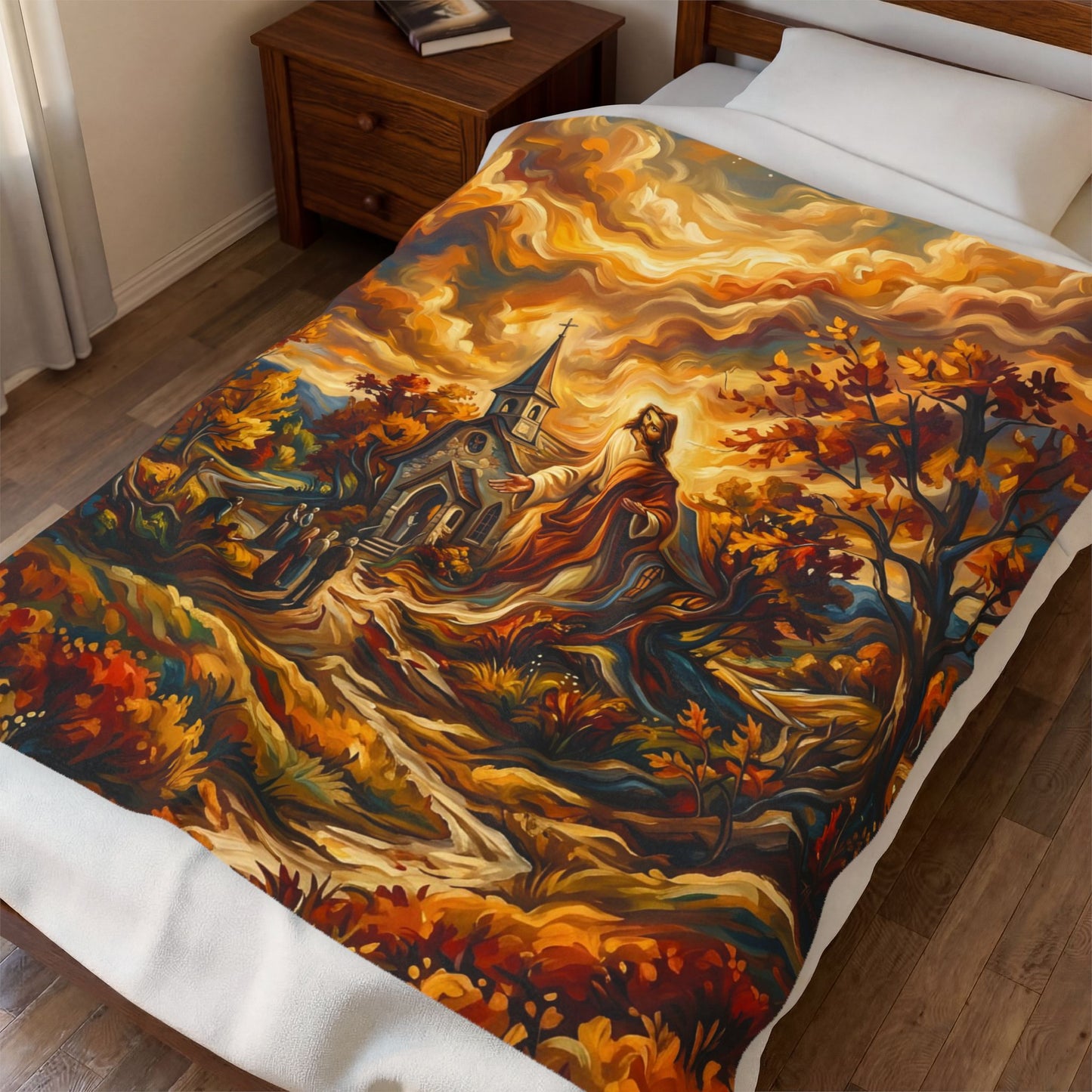“Abide With Me - Autumn Church at Sunset” - Plush Blanket