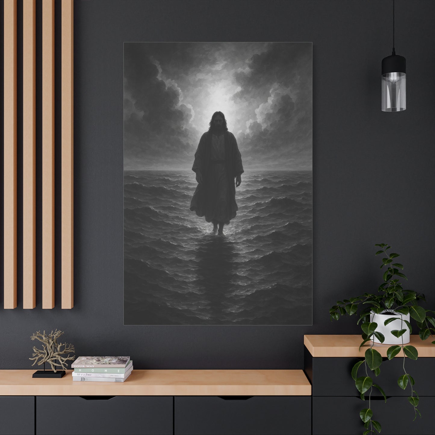 “The Light in the Storm – Jesus Walking on Water (Black & White Edition)” - Canvas Art