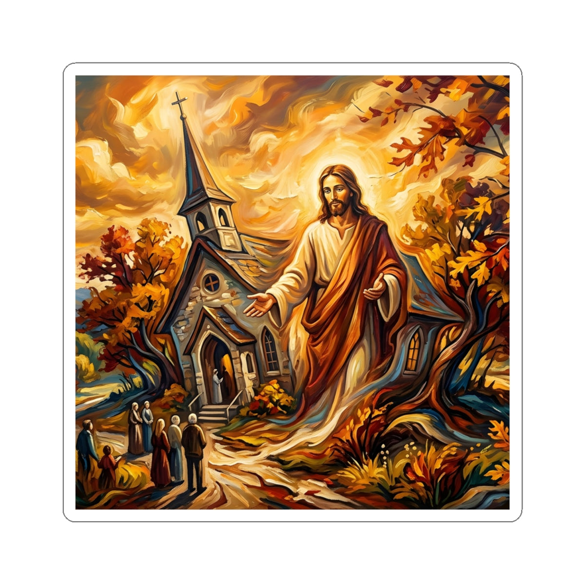 “Abide With Me - Autumn Church at Sunset” - Sticker