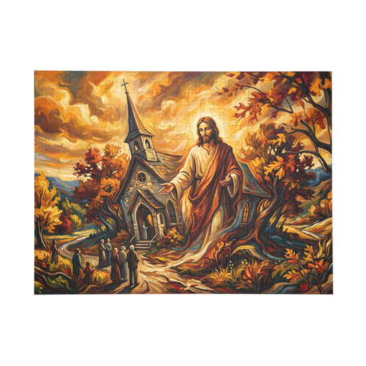 “Abide With Me - Autumn Church at Sunset” - Jigsaw Puzzle