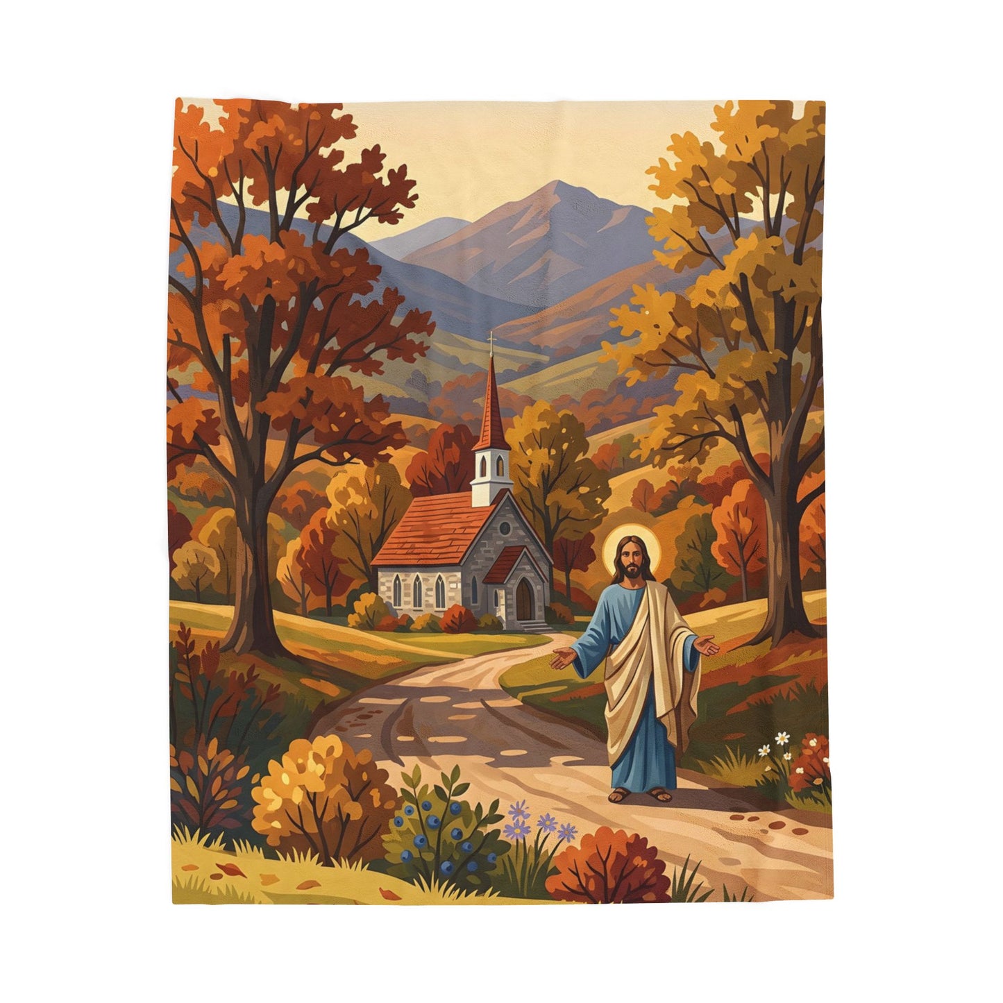 “Golden Harvest - Autumn Church in Tranquility” - Plush Blanket