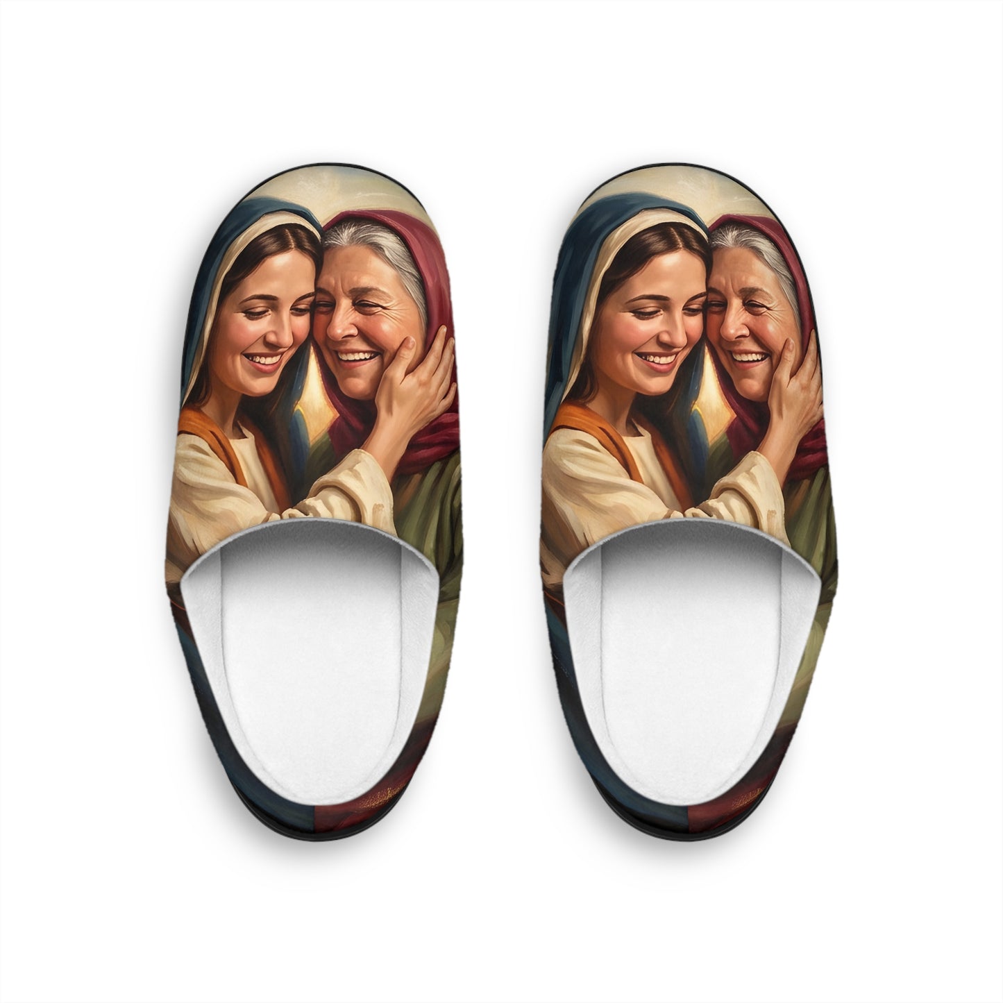 “Blessed Among Women - Mary and Elizabeth Embrace” - Indoor Slippers