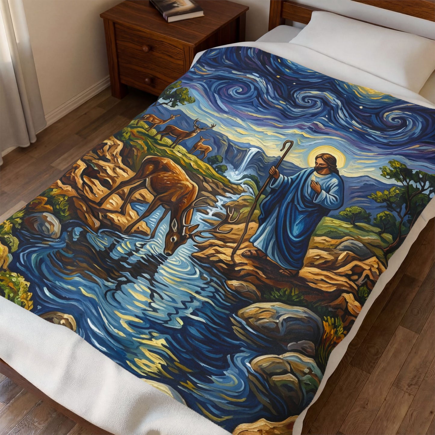 “Streams of Living Water - Deer at a Moonlit Waterfall” - Plush Blanket