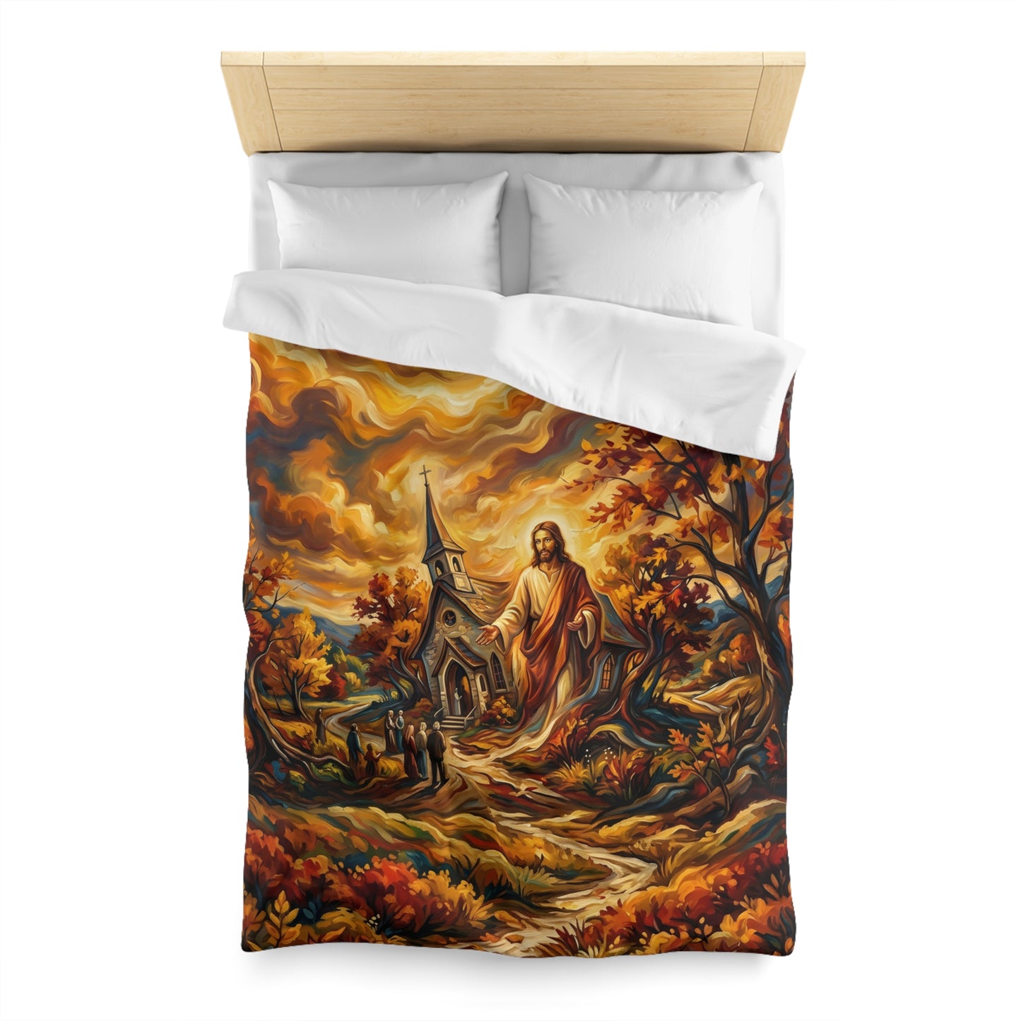“Abide With Me - Autumn Church at Sunset” - Duvet Cover