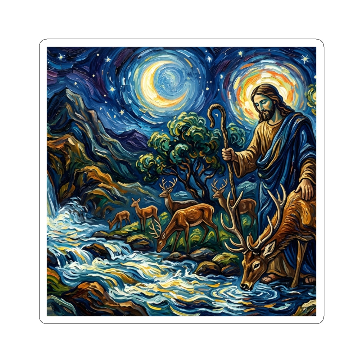 “Streams of Living Water - Deer at a Moonlit Waterfall” - Sticker