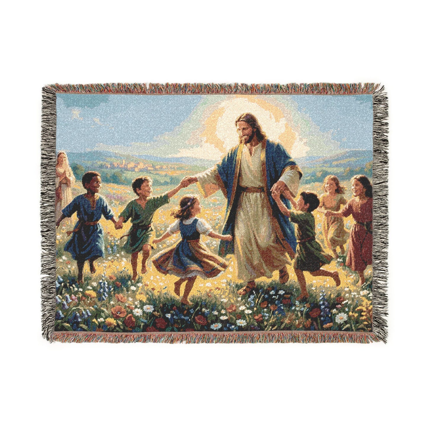 “Joy Overflowing - Children Dancing in the Meadow” - Woven Blanket