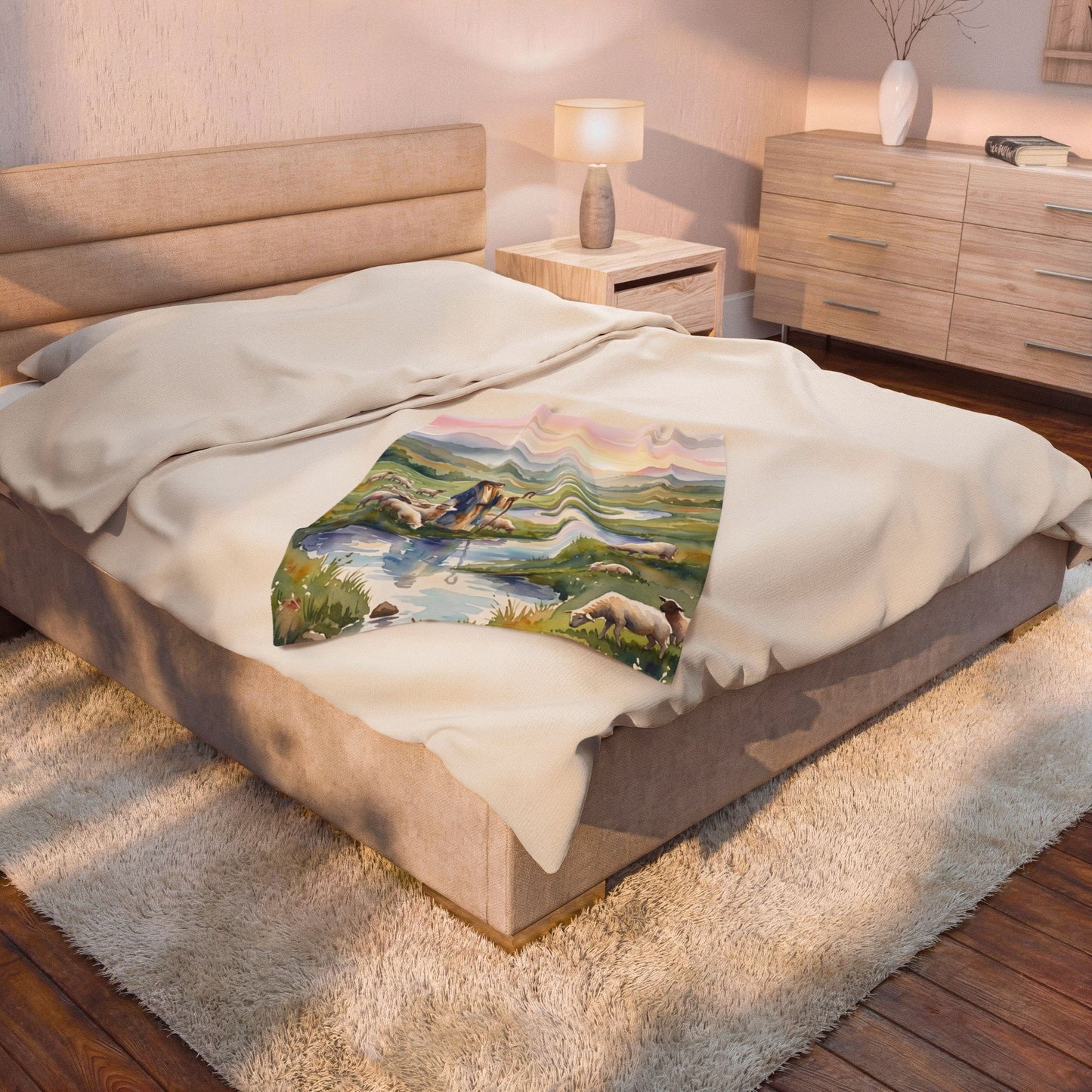 “Still Waters - Shepherd Leads His Flock” - Plush Blanket