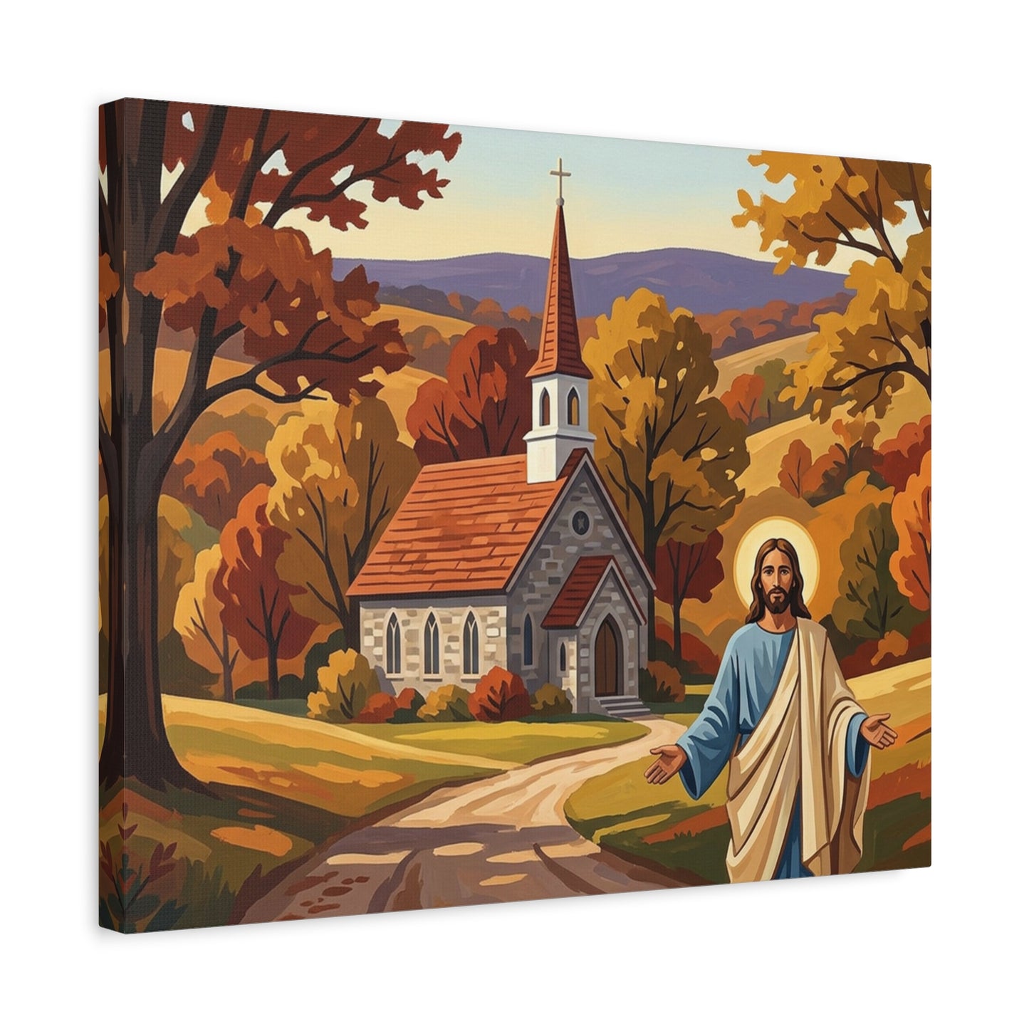 “Golden Harvest - Autumn Church in Tranquility” - Canvas Art
