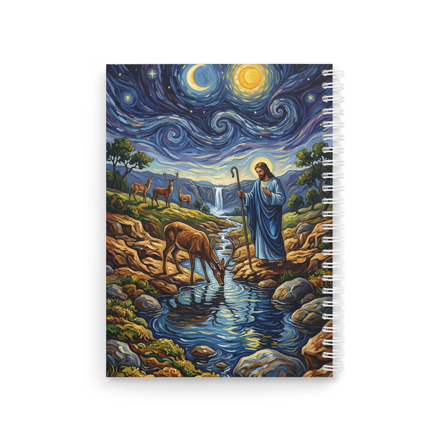 “Streams of Living Water - Deer at a Moonlit Waterfall” - Spiral Notebook
