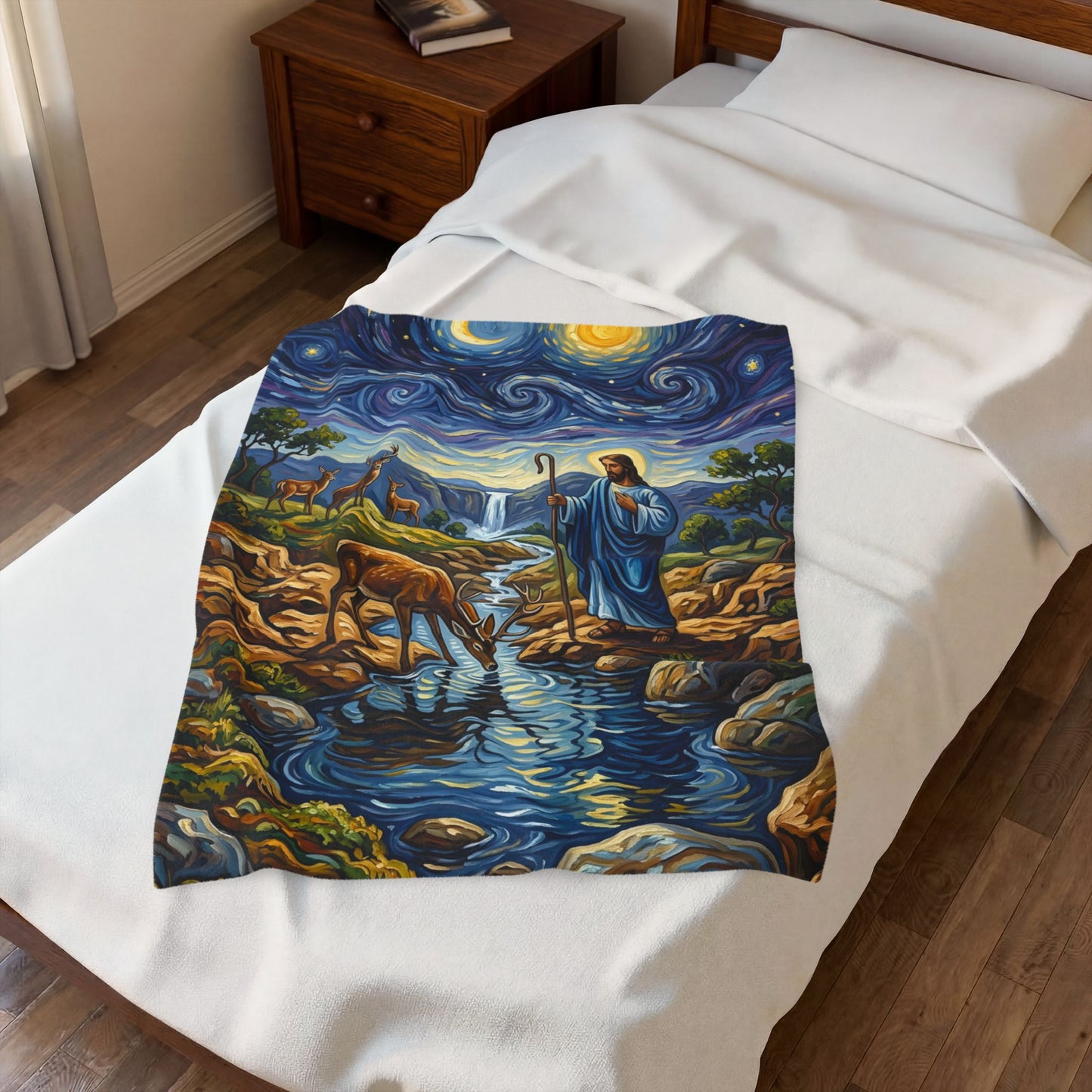“Streams of Living Water - Deer at a Moonlit Waterfall” - Plush Blanket